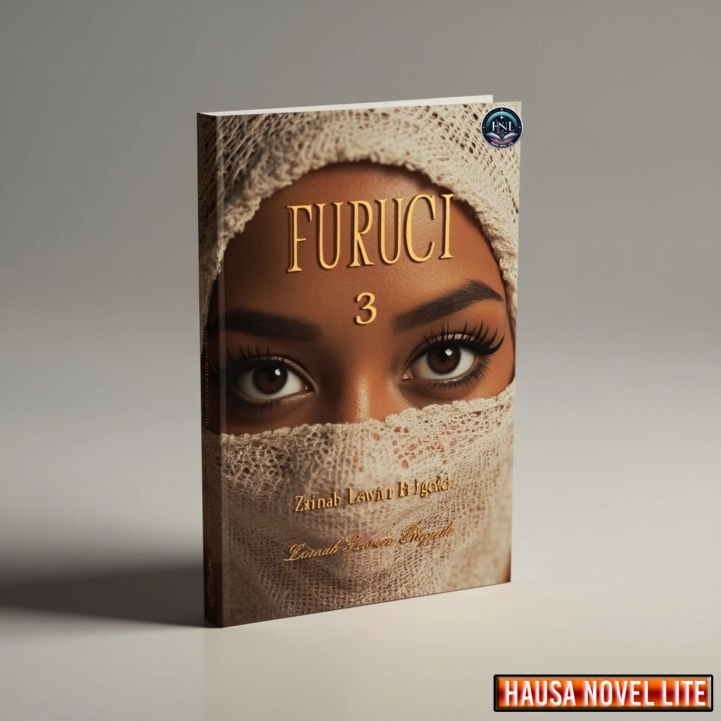 Furuci Book 3 Hausa Novels By Zainab Lawan Brigede. A compelling Hausa novel cover featuring a woman with deep brown eyes wrapped in fabric, reflecting Hausa culture and storytelling tradition.