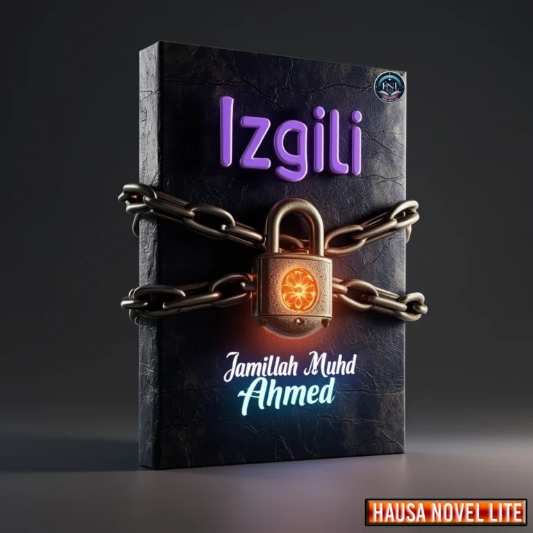 Izgila Hausa Novels By Jamilah Muhd. Ahmed. A digital book cover featuring chains and a lock, symbolizing themes of tradition and secrets in Hausa literature.