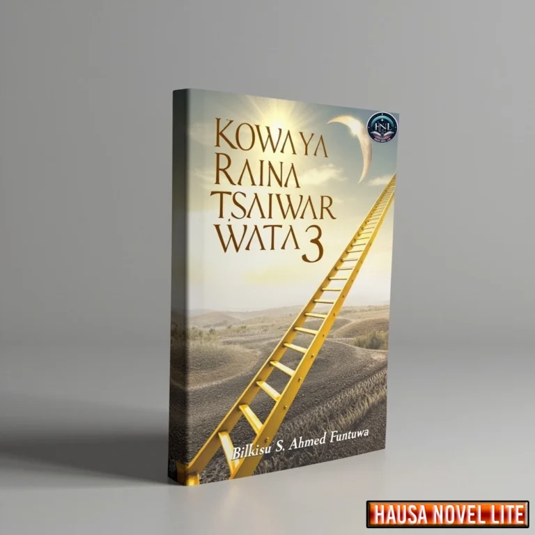 Kowa Ya Raina Tsaiwar Wata Book 3 Hausa Novels By Bulkisu Salisu Ahmed Funtua, A book cover featuring a ladder ascending to the moon amid the desert landscape, embodying Hausa storytelling.
