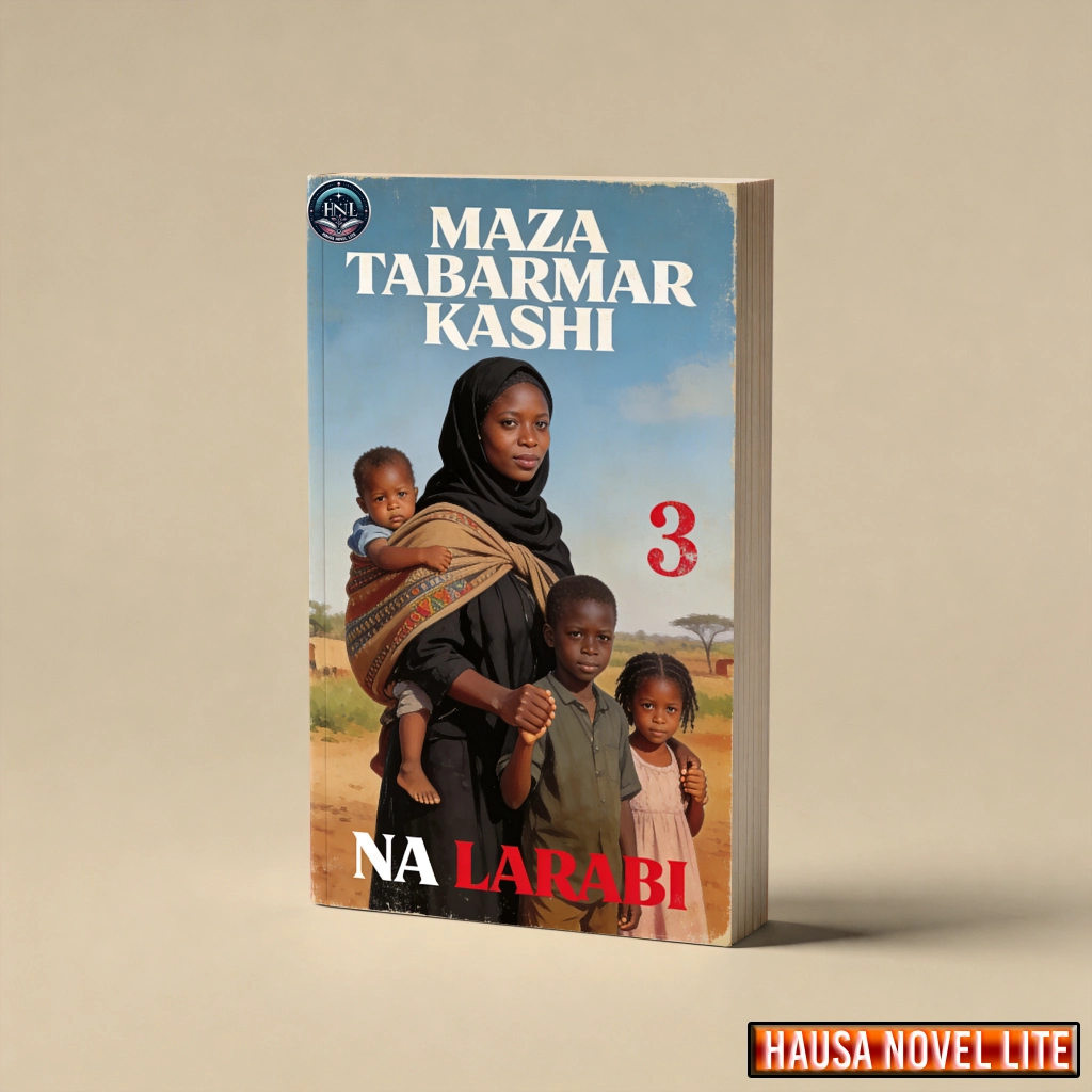 Maza Tabarmar Kashi 3 - Hausa Novel Lite book cover with a woman and children in a rural setting.