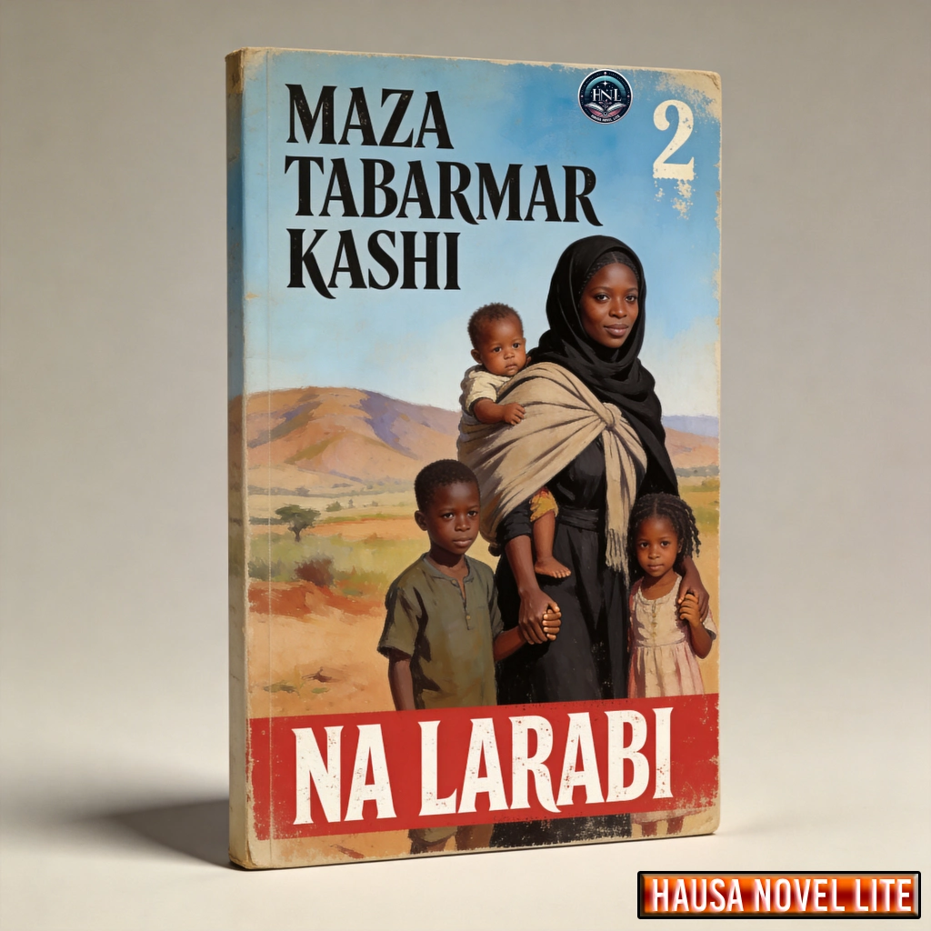 Maza Tabarmar Kashi - Na Larabi book cover with a Hausa woman and children in a rural landscape.