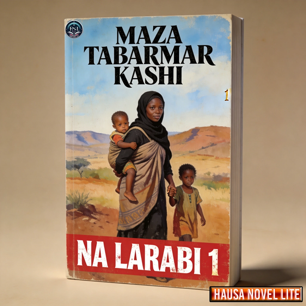 Maza Tabarmar Kashi - Na Larabi 1 book cover with a Hausa woman carrying a child in a rural landscap.