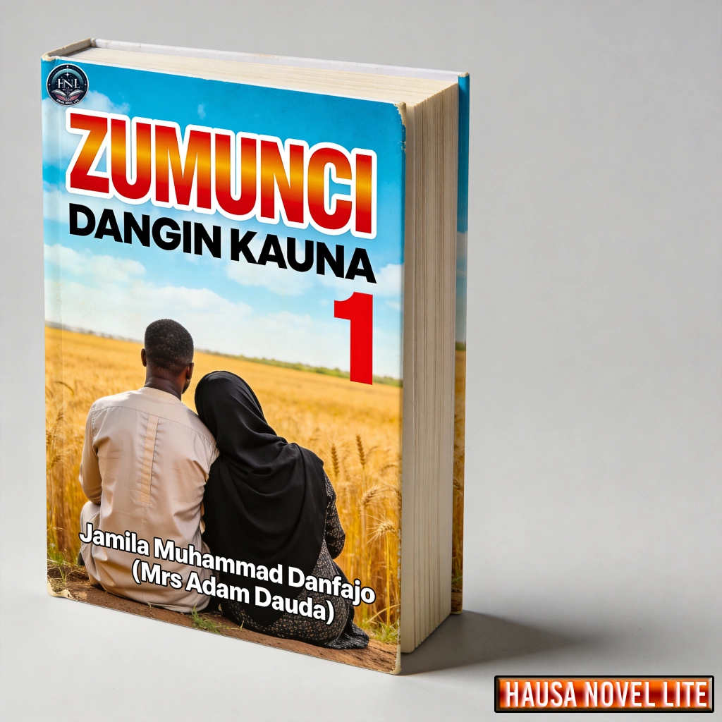 ZUMUNCI DANGIN KAUNA 1 - Hausa novel cover with a couple sitting in a wheat field, symbolizing love.