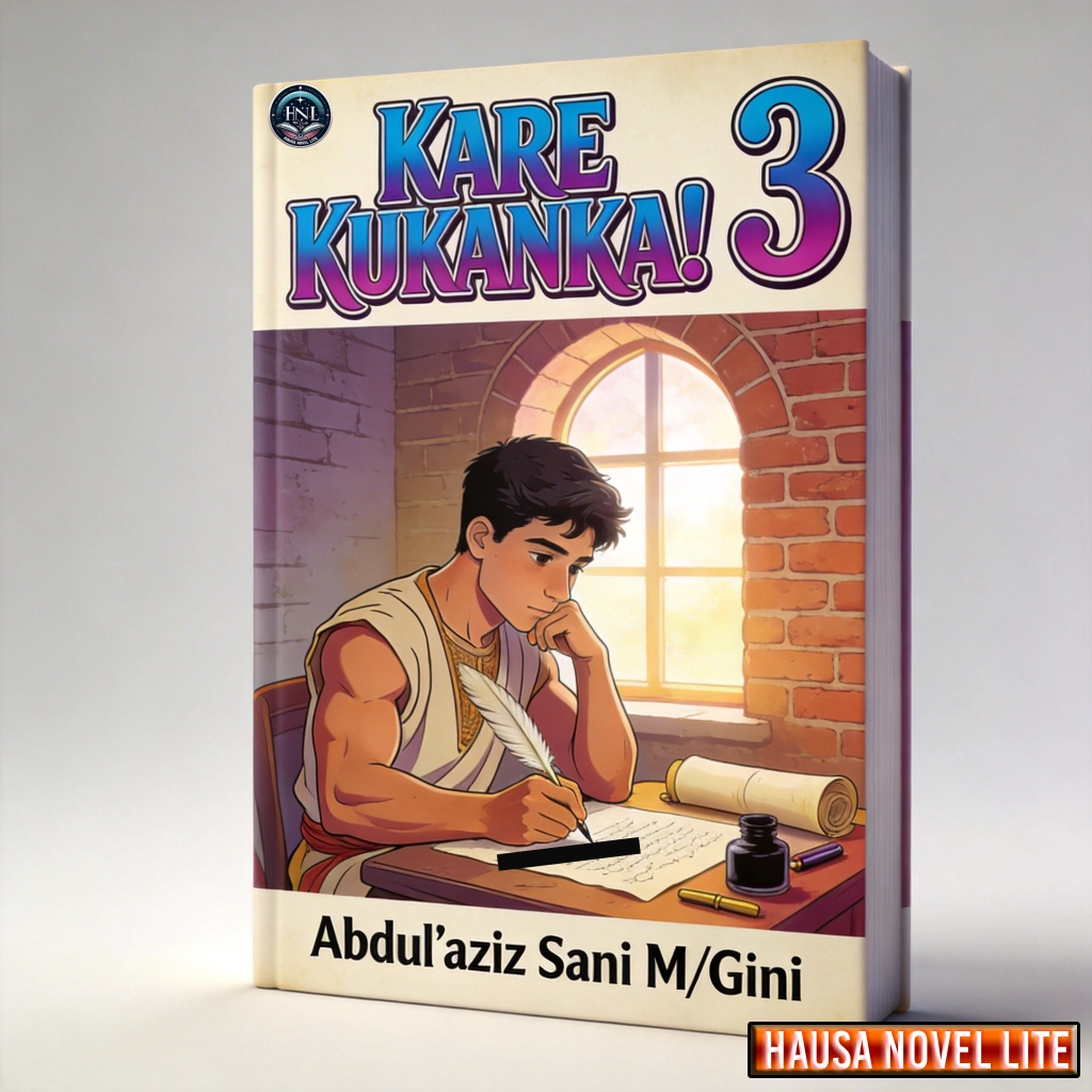 Kare Kukanika! 3 - Hausa novel book cover featuring a young boy studying at a window, symbolizing Ha.