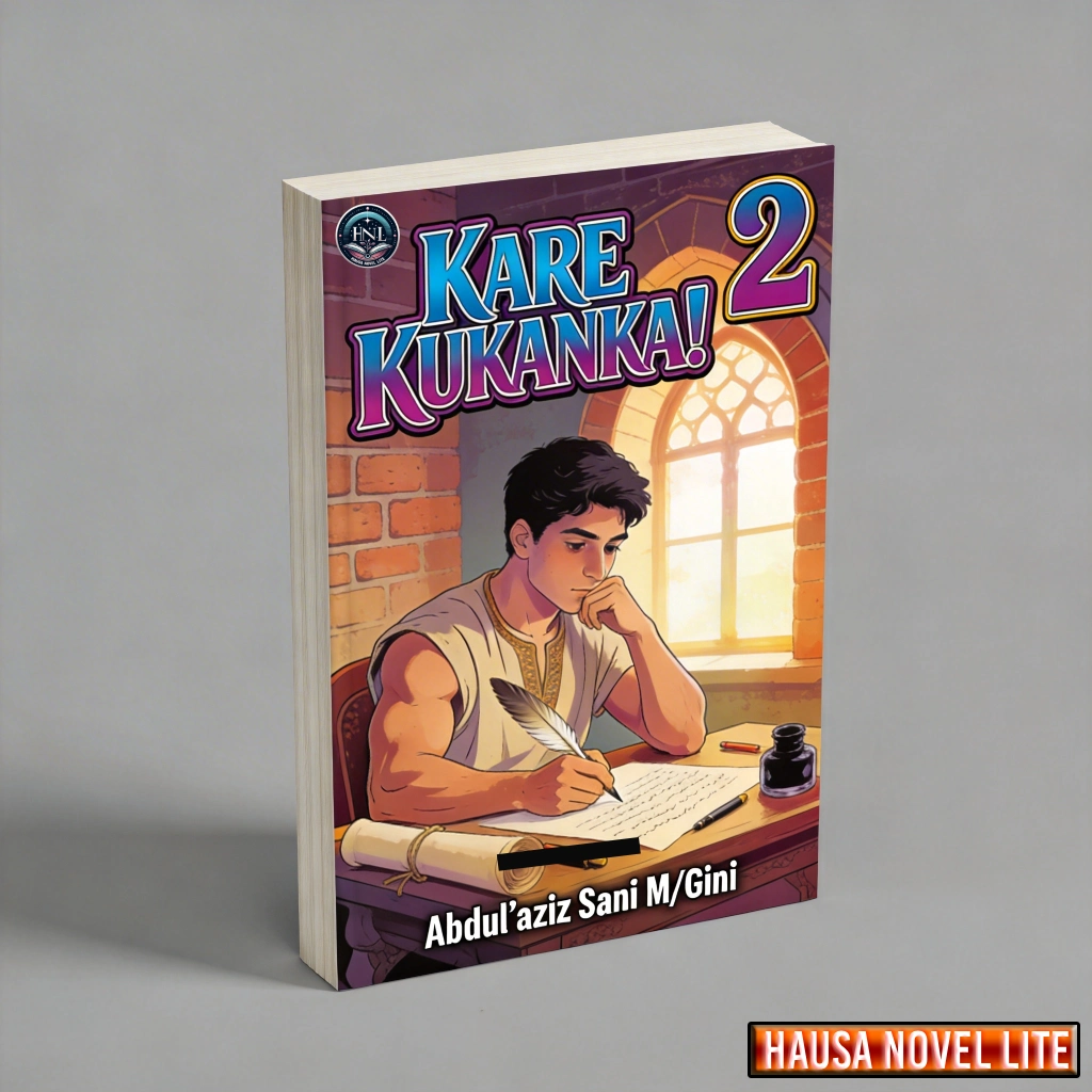 Kare Kukanka! 2 - Hausa novel cover featuring a young boy writing at a desk with a window in the bac.