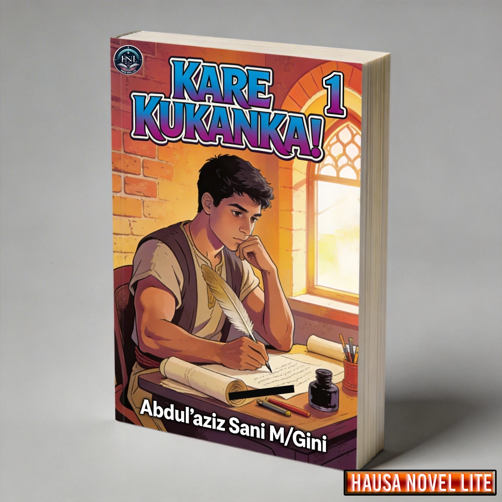 Kare Kukanka 1 - Hausa novel book cover featuring a thoughtful young boy studying at a desk.
