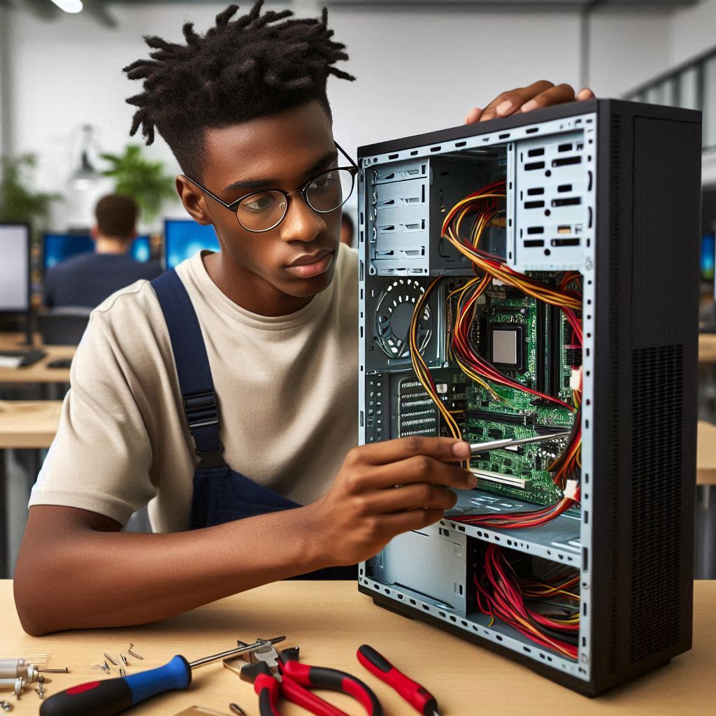 Young man assembling a desktop computer in a tech classroom, emphasizing technology in Hausa culture.