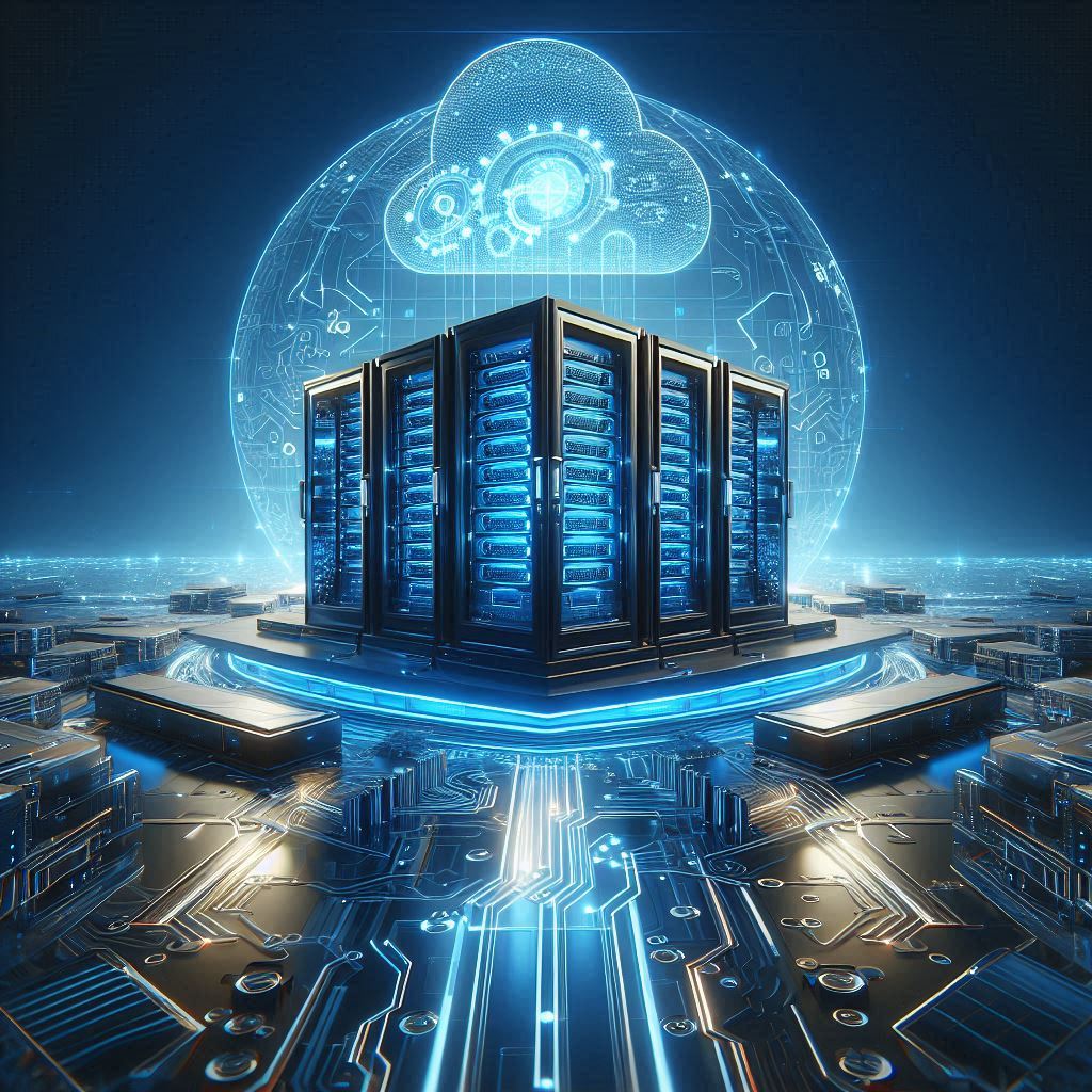 AI-generated server rack surrounded by digital circuitry with a holographic cloud, representing cloud computing in technology.