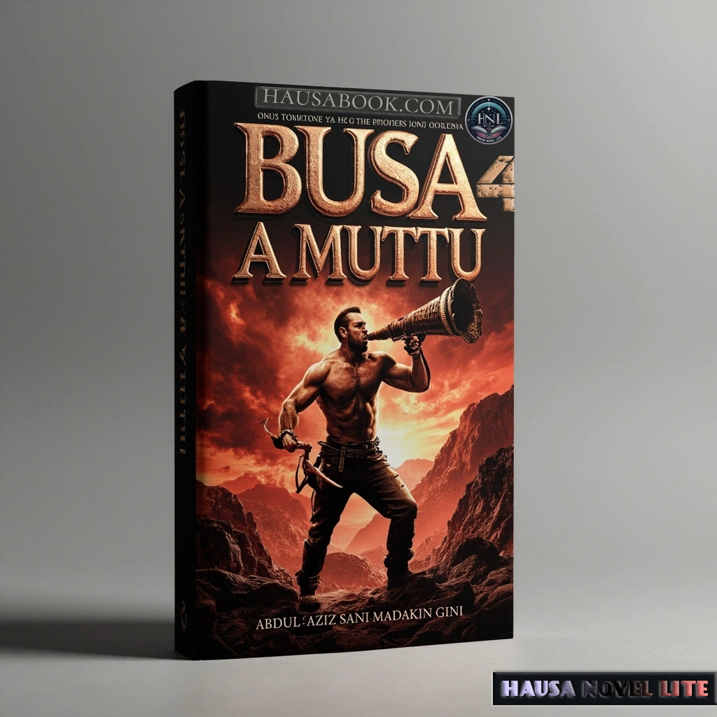 Bold "Busa A Muttu" Hausa novel cover featuring muscular man with megaphone, epic sunset backdrop, for HausaNovelLite SEO.